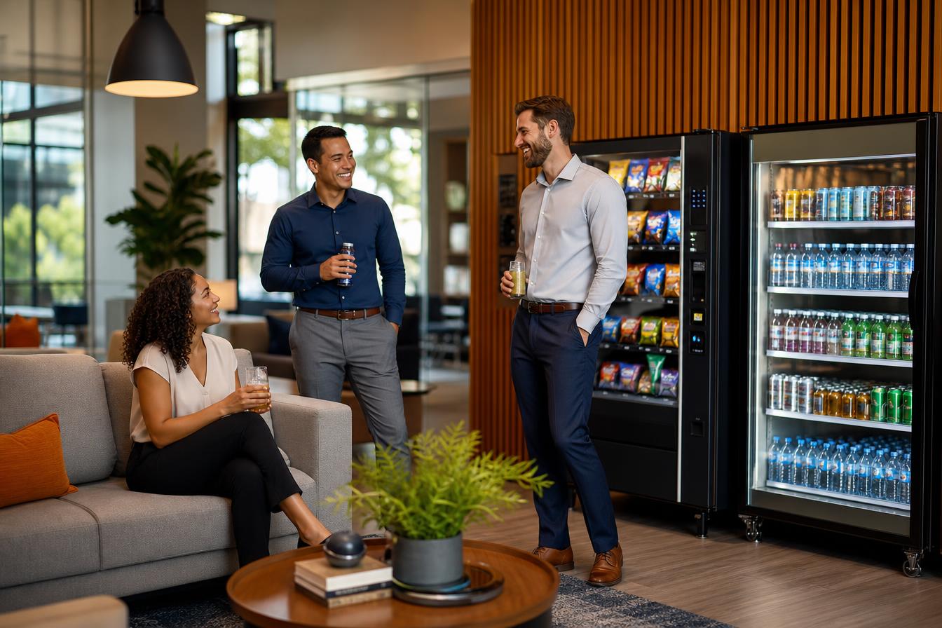 Residents enjoying refreshments from a premium vending machine in a modern apartment lobby